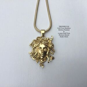 Medusa Serpent Goddess 316 Stainless Gold Pendant 46cm & 51cm Round Snake Chains